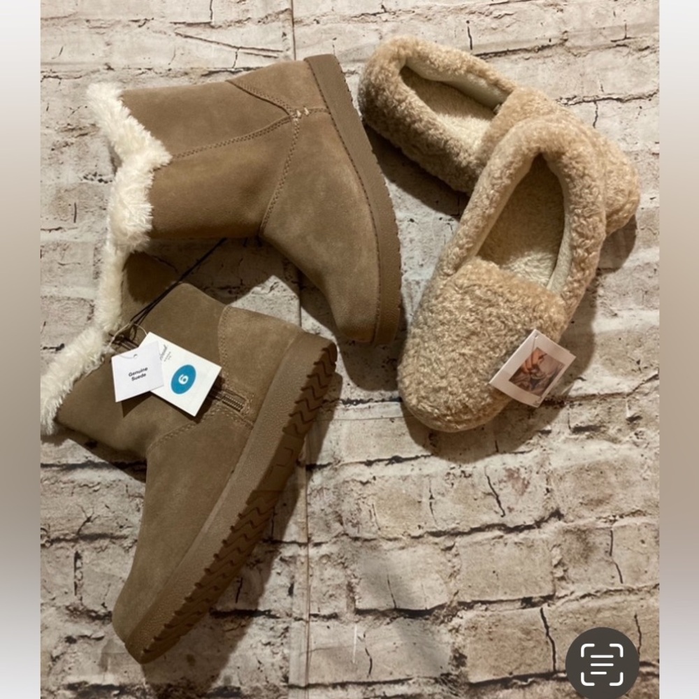 Bundle of two,universal trade real suede/faux fur boots & Zizor fuzzy slippers 6